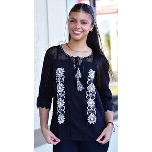 BILA Black White 3/4 Sleeve Embroidered Boho Peasant Button Back Top Blouse L